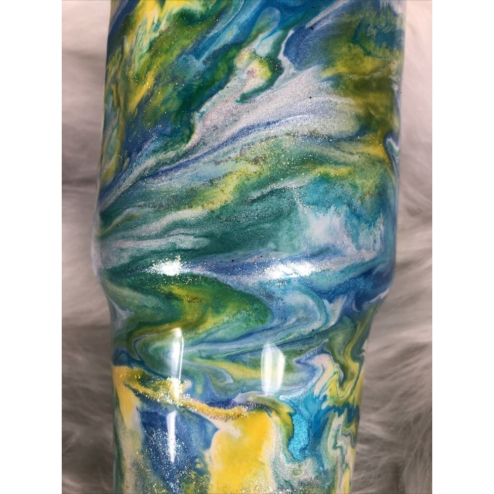32 Ounce Tumbler Hand Painted Teal’s Blues Yellows Pearls & Glitter Lid Custom - Picture 2 of 16